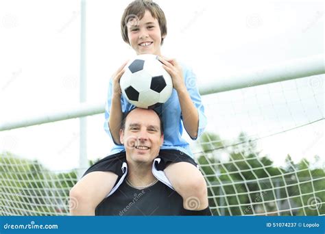 young soccer player father stock image image  happiness activity