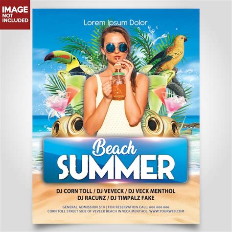Summer Beach Party With Girl And Bird Flyer Template Premium Psd File