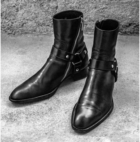 mens black leather ankle boots side zipper rock style boots  mens rangoli collections