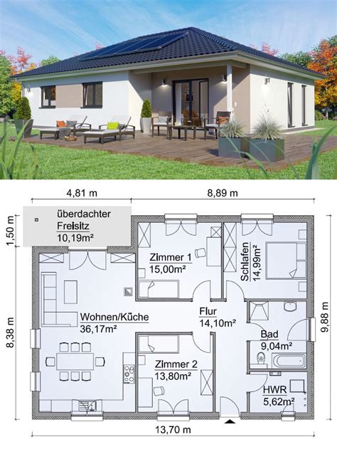 bungalow haus grundriss ebenerdig mit walmdach architektur ueberdachte terrasse  zimmer