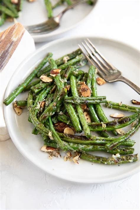 oven roasted green beans recipe  garlic  parmesan  forked spoon