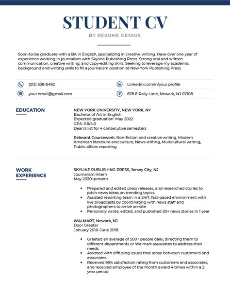 student cv examples writing tips  template