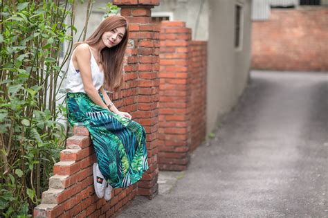 Wallpaper Asian Women Model Long Hair Sitting Long Skirt Depth