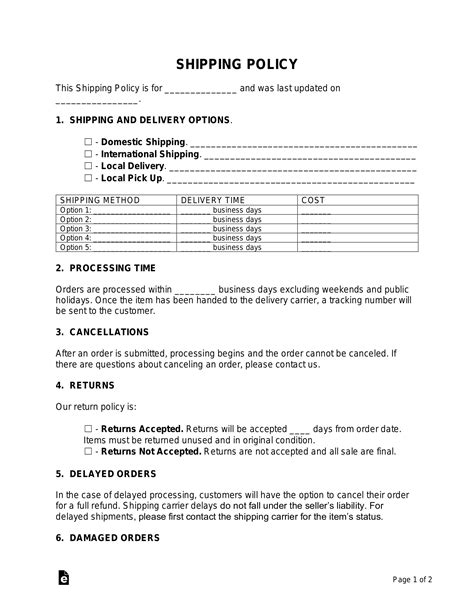 shipping policy template generator  word eforms
