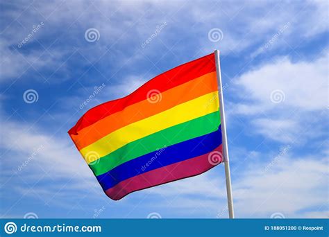 rainbow flag of an lgbt organization waving against a blue