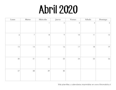 calendario abril  imprimible