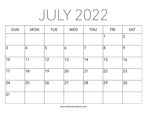 printable july  calendar calendar options