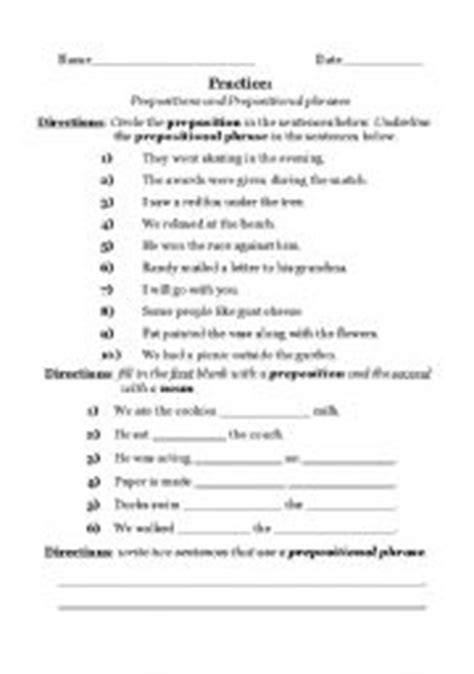 english worksheets prepositional phrases