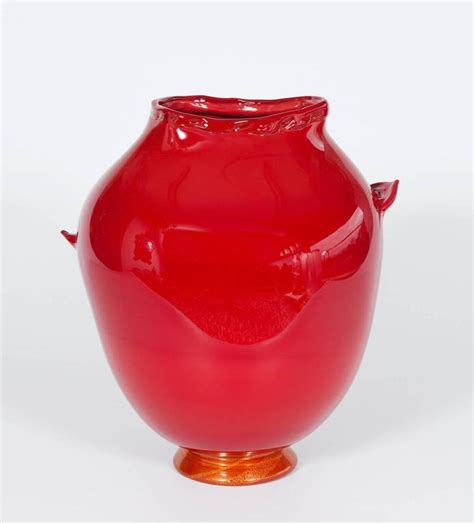 Italian Venetian Murano Glass Vase In Gold Red Color