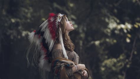 Native Americans Brunette Nature Headdress Profile