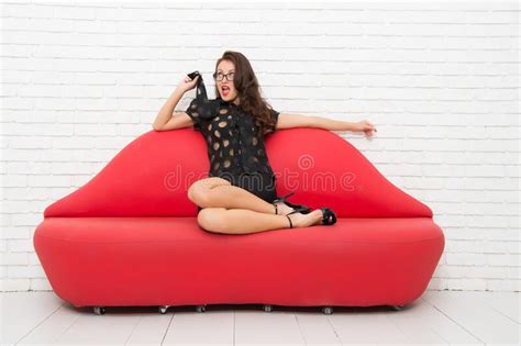 Woman Resting On Sofa Beautiful Girl Sit On Sofa Brunette