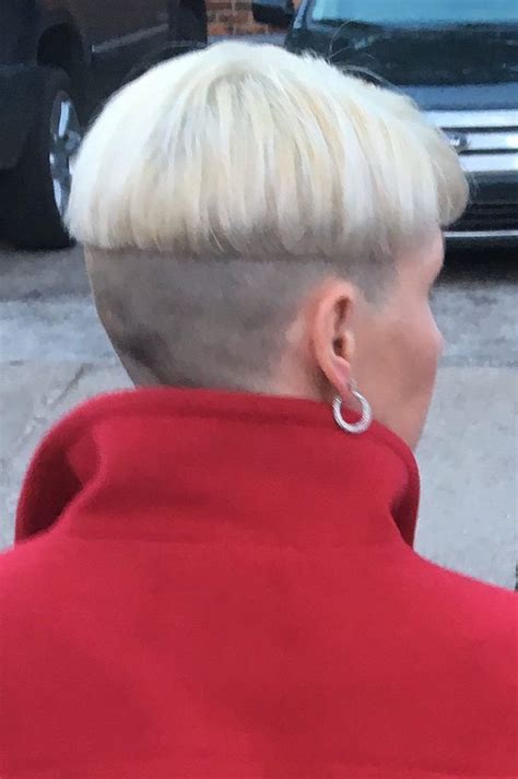 blonde two tone shaved nape bowlcut with turtleneck and plaid skirt bowlcuts and mushrooms 2