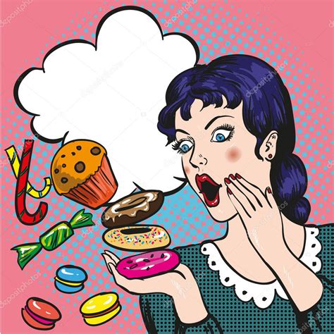 Woman With Sweets Candy And Cakes Vector Illustration In Retro Comic