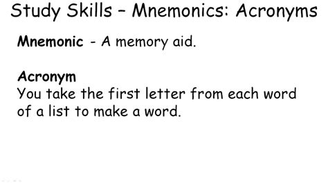 study skills mnemonics acronym youtube
