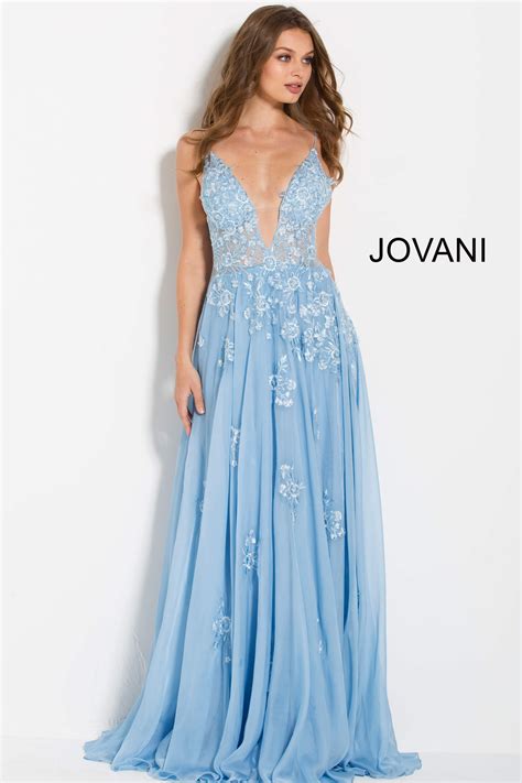jovani  light blue floral embroidered prom dress