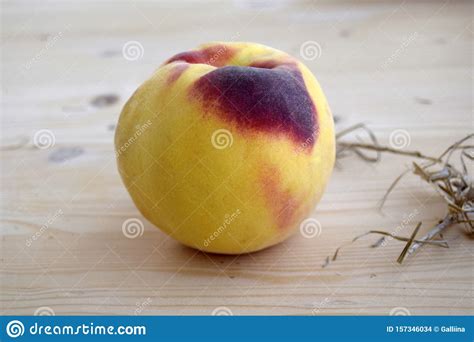The Peach Is On A Wooden Table Fruit Is Large Fresh Ripened Stock