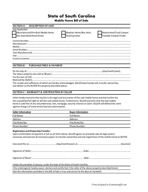 south carolina mobile home bill  sale template  printable form usa estimation qs