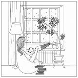 Coloring Window Colouring Pages Girl Windowsill sketch template