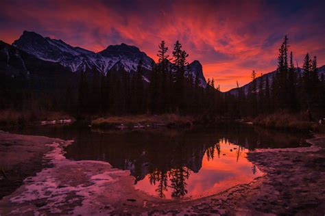 canmore sunset landscape alberta canada sunset beautiful reflection mountain policemans creek