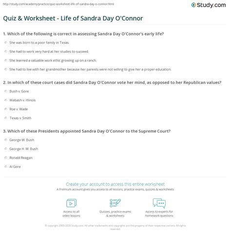 quiz and worksheet life of sandra day o connor