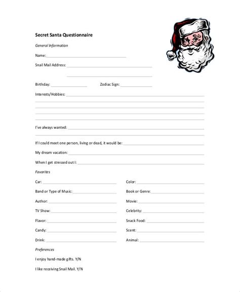Sample Secret Santa Questionnaire Form 10 Free Documents