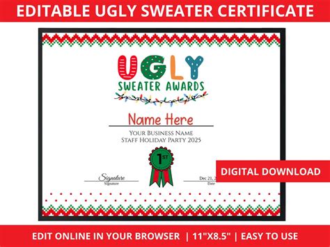 editable ugly sweater certificate ugly christmas sweater etsy