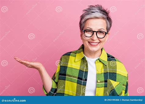 Photo Of Positive Woman With Short Hair Wear Checkered Shirt Palm