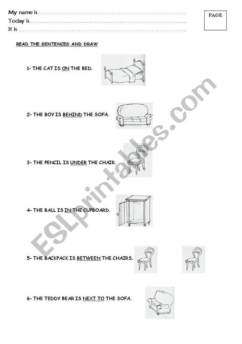english worksheets prepositions draw objects