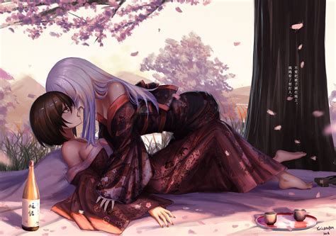 2girls barefoot blush brown hair cherry blossoms drink