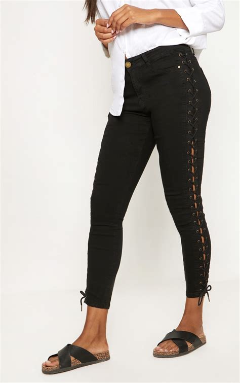 black lace up side skinny jean prettylittlething usa