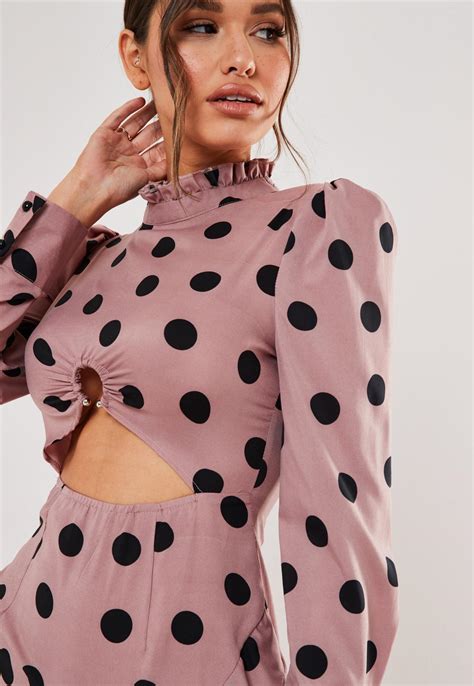 blush polka dot high neck cut out mini dress missguided