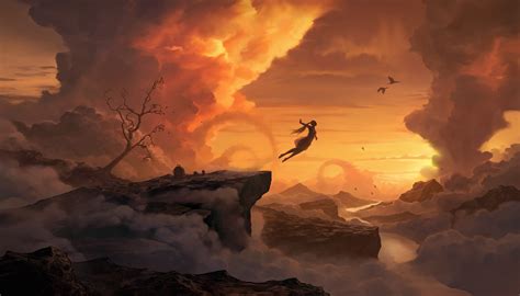 women jumping cliff sky clouds trees birds digital art flying
