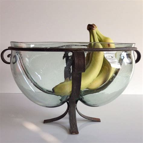 Large Clear Hand Blown Glass And Wrought Iron Bowl By