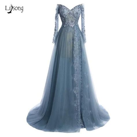 Sexy Dusty Blue Lace Prom Dresses 2019 Full Sleeves Appliques Aline