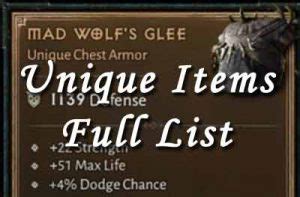 diablo  unique items full list