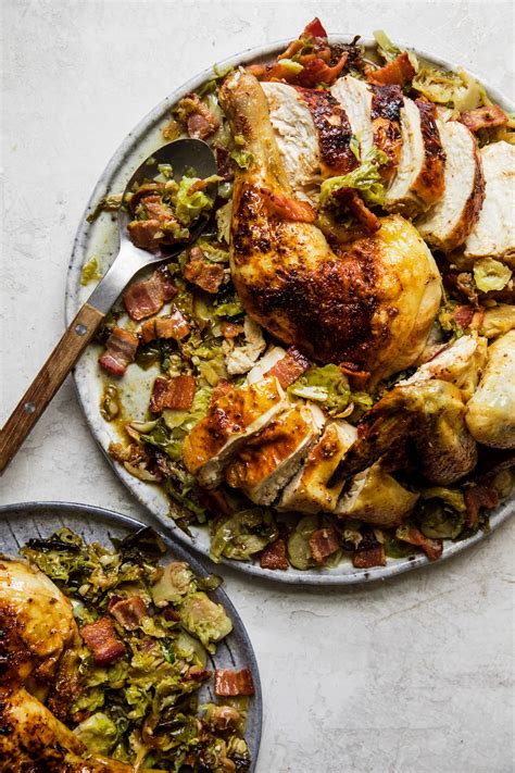 spatchcocked roast chicken with shredded brussels… the modern proper