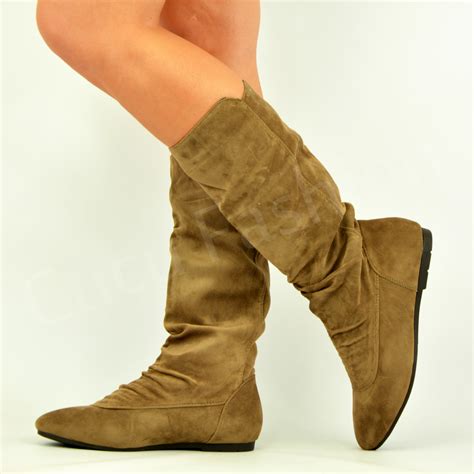 womens ladies  flat heel pull  mid calf boots winter fashion shoes size ebay