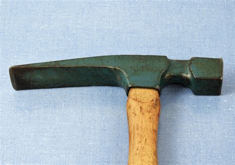 vintage vlchek hammer hl masonry tool blue steel head hardwood handle wooden metal art