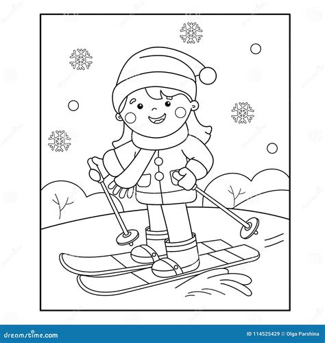 coloring page outline  cartoon girl skiing winter sports stock
