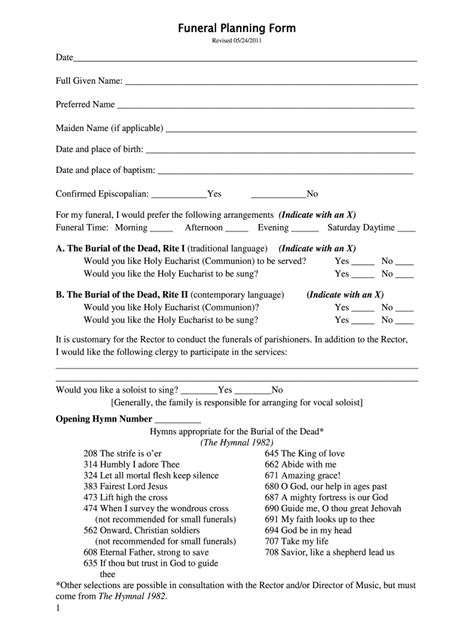 Episcopal Funeral Planning Worksheet Fill Online Printable Fillable