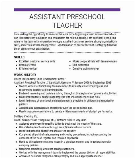 assistant preschool teacher resume sample livecareer
