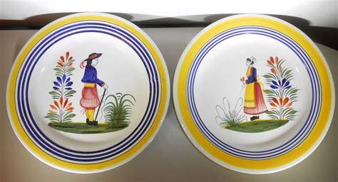 pair henriot quimper france french peasant plates hand painted pottery porcelain hand painted