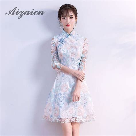 Cheongsam Mini 2018 Summer Fashion Lace Half Sleeve Party Dresses