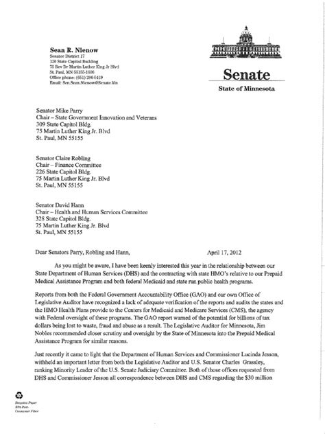 nienow legislative oversight hearing request letter  united
