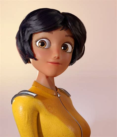 an animated woman with black hair and big eyes wearing a yellow top is