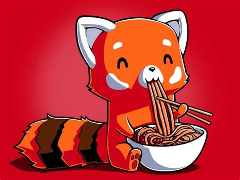 happy red panda enjoying  noodles   content