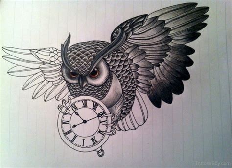 black ink flying owl  clock tattoo design  elisaveta