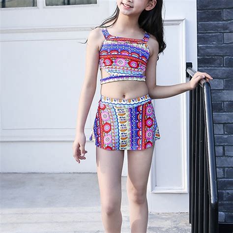 Girls Cute Dot Print Bikinis Split Swimwear Swimsuit With Skirt Biquini