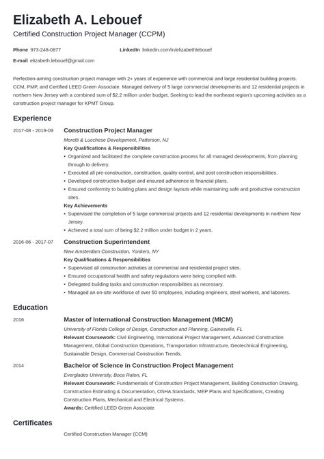 construction project manager resume examples