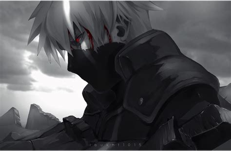 anime character  white hair  red eyes standing  front  dark clouds